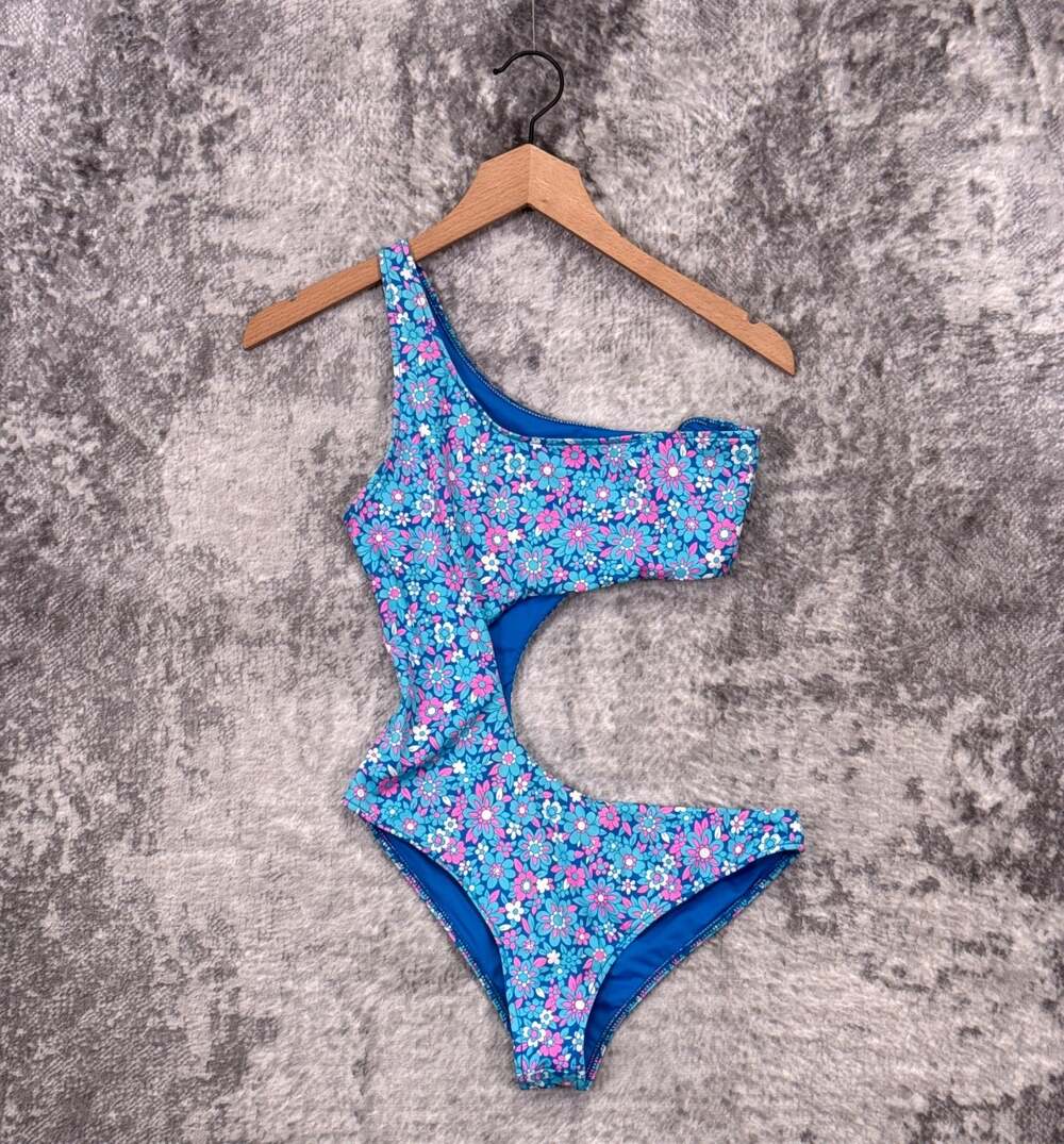 Frankies Bikinis One Piece Swimsuit Medium Womens Blue Floral Cutout